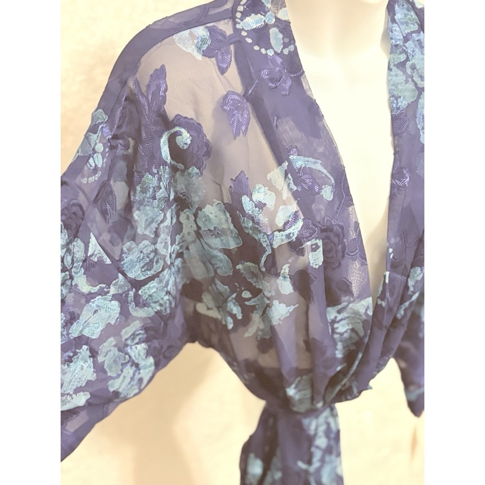 California Dynasty Sheer Floral Kimono Beach Cover Up Blue Burnout Mesh  M - Picture 3 of 8